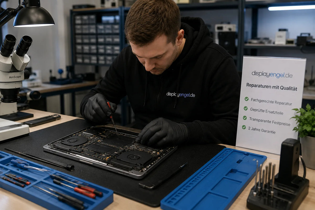 Techniker bei einer MacBook Reparatur in der displayengel Fachwerkstatt